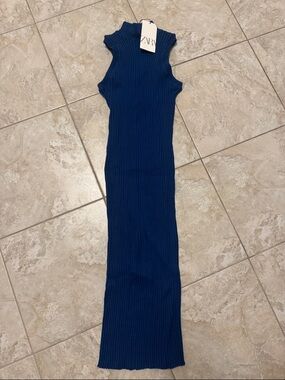 Zara Deep Blue Ribbed High-Neck Maxi Dress